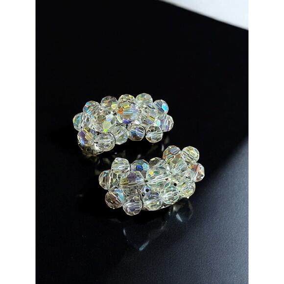 Vintage Climber Aurora Borealis Cluster Clear Clip On Earrings Mid Century - Picture 2 of 4